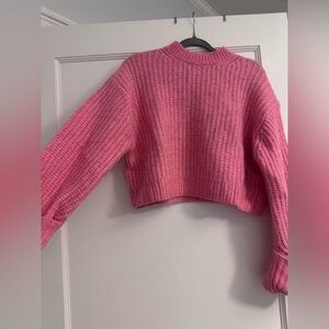 Zara Bright Pink Crew Neck Sweater With Cuffed Sleeves